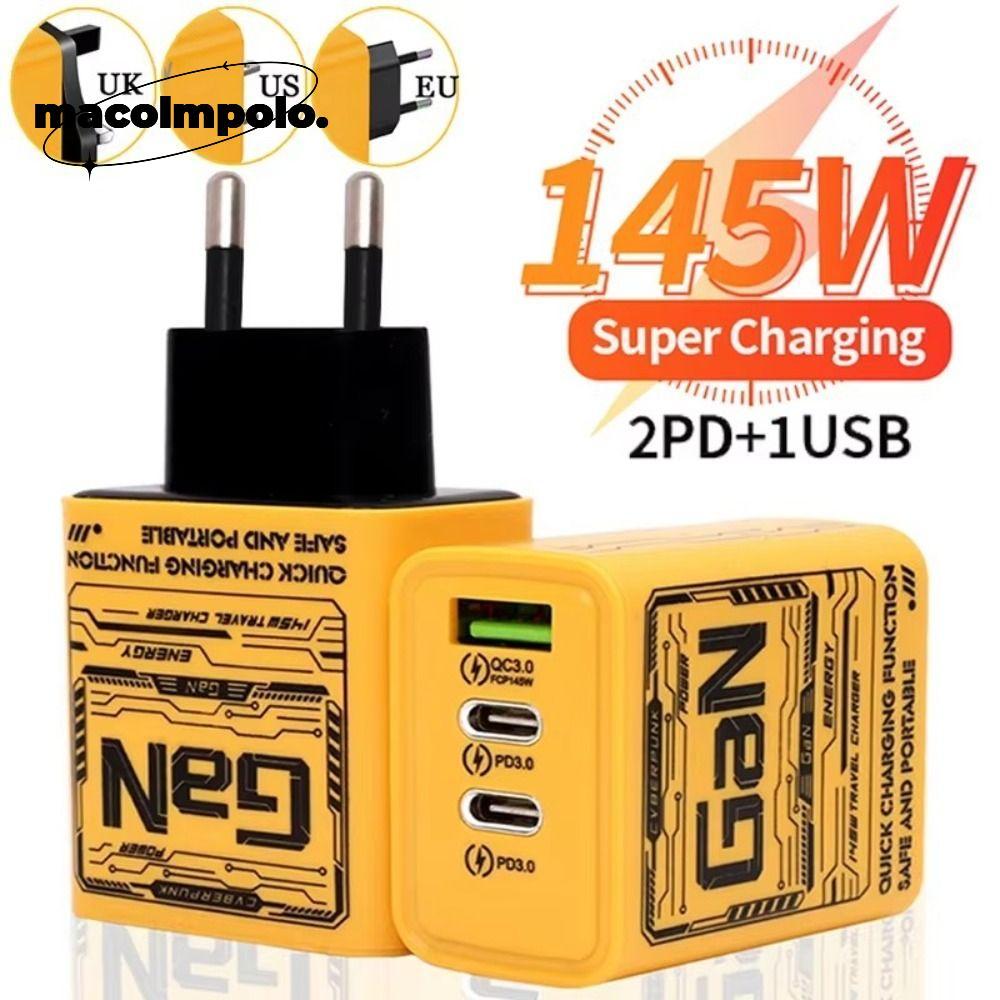 อะแดปเตอร์ชาร์จโทรศัพท์, 3 พอร์ต EU/US/UK 145W GaN ปลั๊กชาร์จ, USB A + C PD QC3.0 Fast Charging USB 