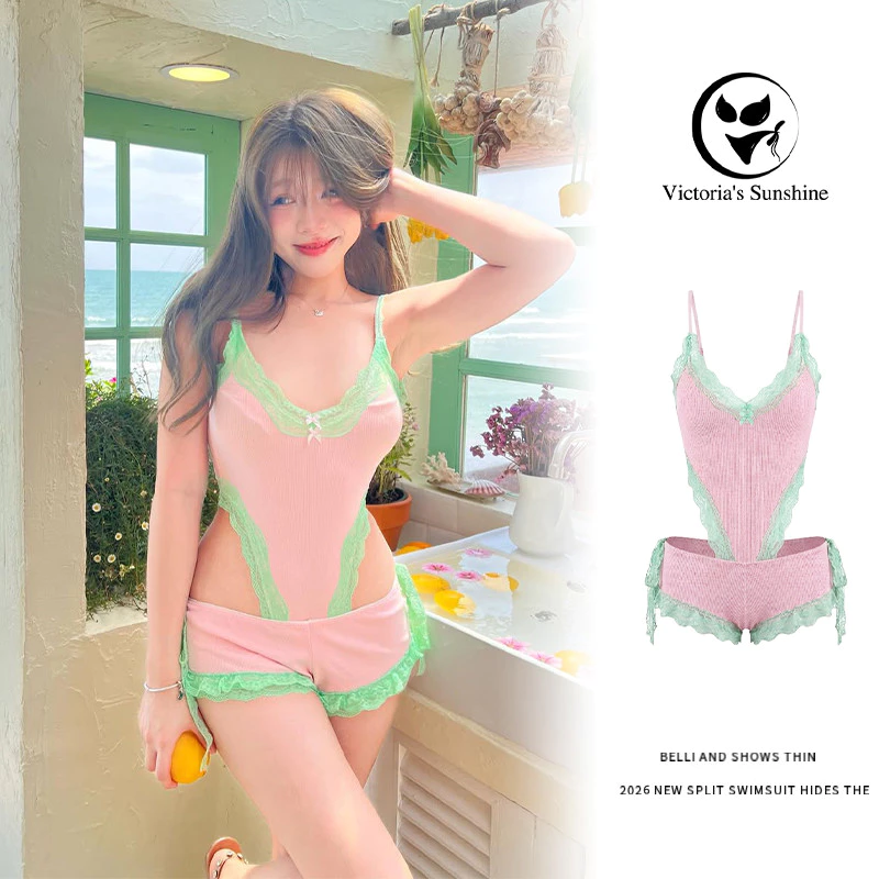 ส่งไว✨one piece swimwear ชุดว่ายน้ำวันพีช+กางเกงขาสั้น ทูพีช แต่งลูกไม้น่ารักสไตล์เกาหลี#1135