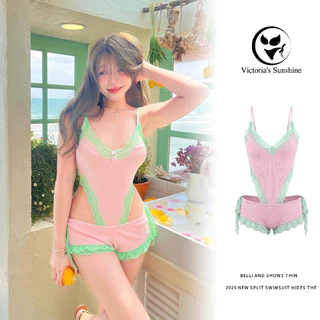 ส่งไว✨one piece swimwear ชุดว่ายน้ำวันพีช+กางเกงขาสั้น ทูพีช แต่งลูกไม้น่ารักสไตล์เกาหลี#1135