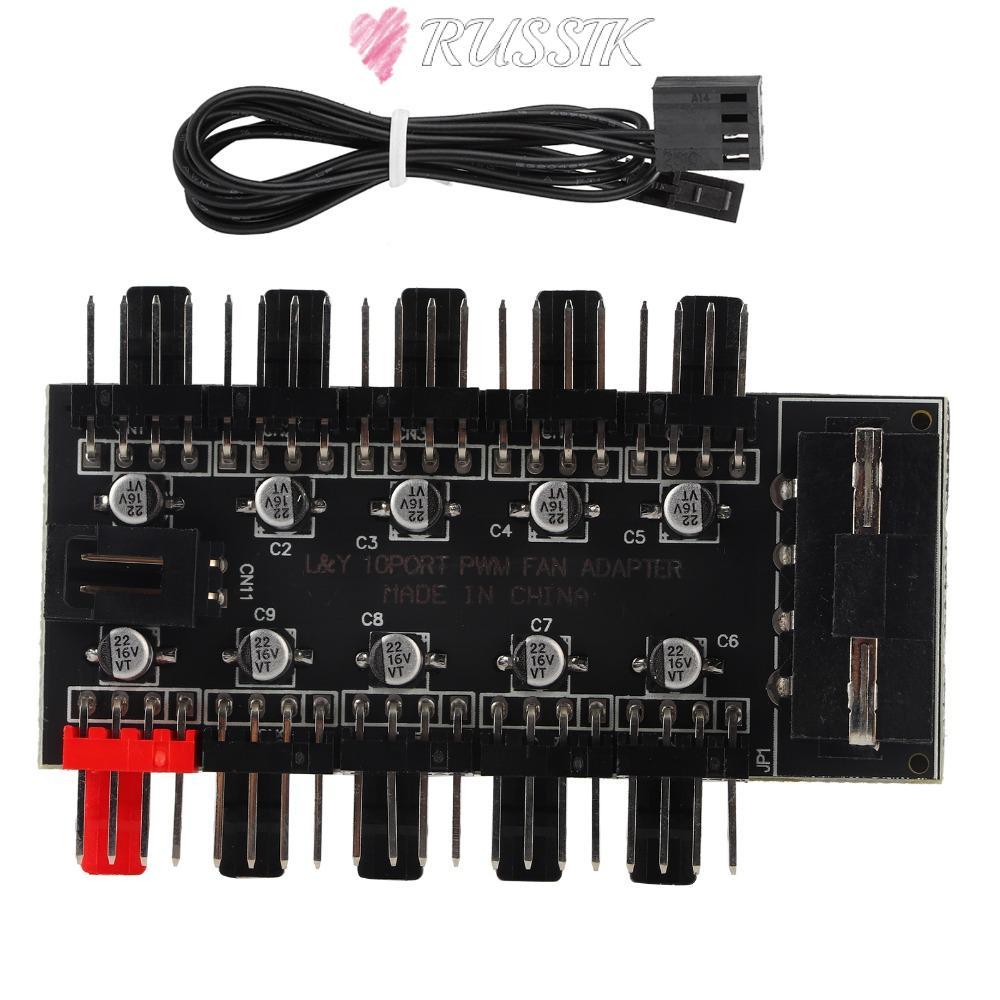 RUSSIK Fan Hub, 4Pin 10 Channel Cooling Fan Hub, ใช้งานได้จริง 12V PWM Fan Hub CPU Cooling