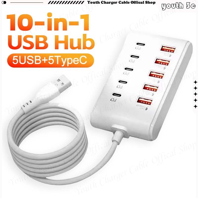10-in-1 USB Hub Splitter หลายพอร์ต USB + Type C Fast Charging Adapter Converter USB2.0 Power Socket Docking Station รองรับอย่างกว้าง