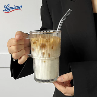 แก้วแก้วใสมีหูจับ 420ml แก้วกาแฟลายริ้ว วางซ้อนกันได้ สไตล์มินิมอล แก้วชา/นม/น้ำผลไม้ ถ่ายรูปสวย