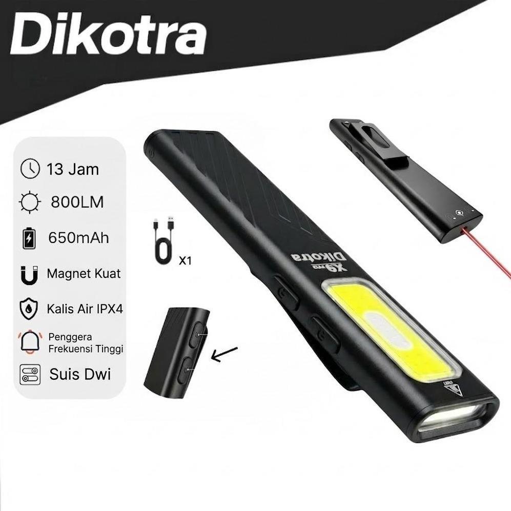 Dikotra ไฟฉายอเนกประสงค์ X9PRO 800 Lumen High Power ตัวชี้เลเซอร์สีแดงแม่เหล็กนาฬิกาปลุกพ็อกเก็ตคลิป USB C ชาร์จเหมาะสําหรับ Camping Hiking & Emergency Situations