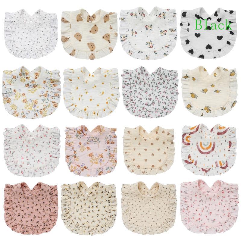 BLACK Cotton Ruffles Bib ผ้ากันเปื้อนสําหรับทารกแรกเกิด Burp ผ้า 1 ขั้นตอนหัวเข็มขัด Bib ผ้าพันคอคอ