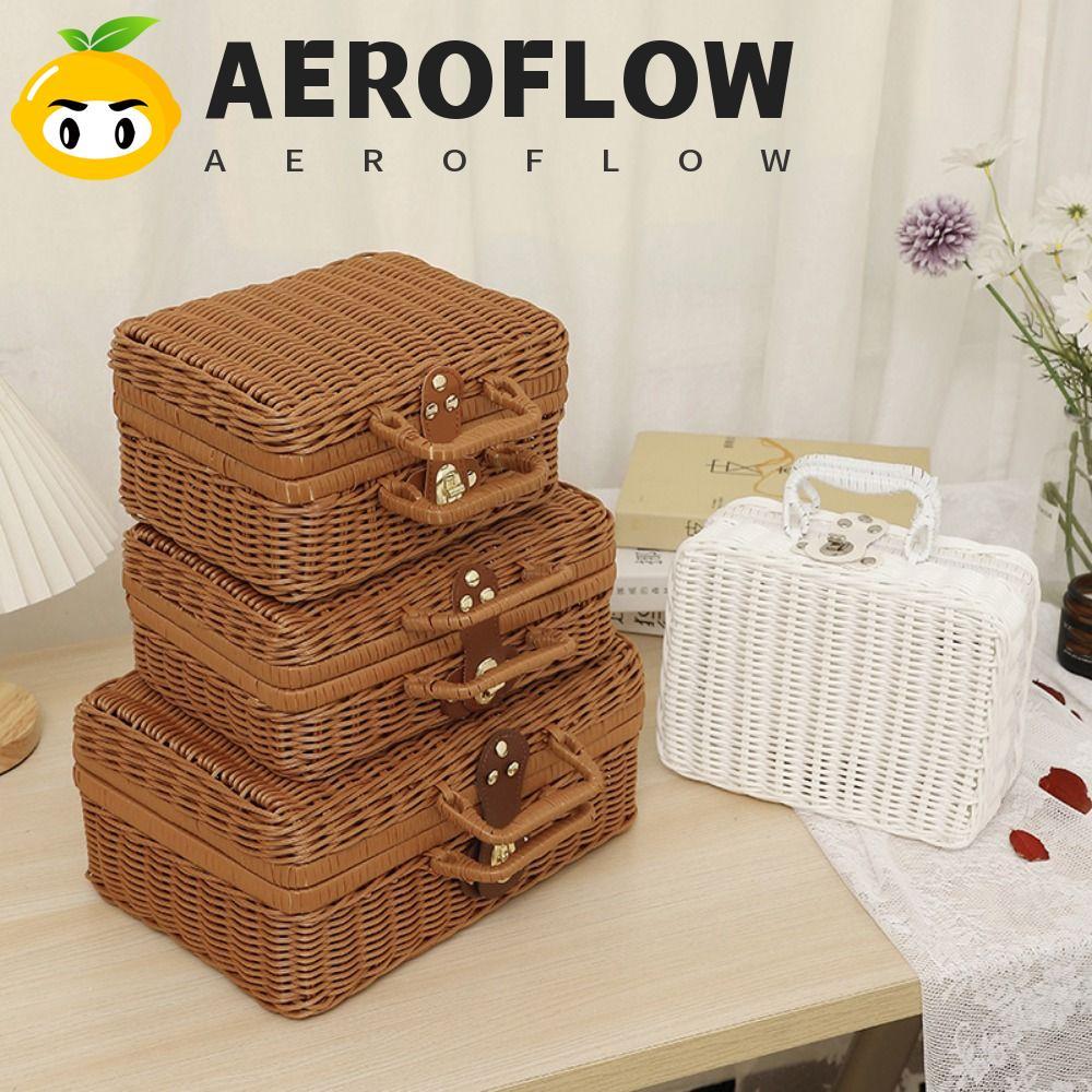 AEROFLOW ตะกร้าสานปิคนิค,กล่องเก็บของหวายสานในครัวเรือนย้อนยุค,กล่องของขวัญทอจําลองพร้อมที่จับเครื่องประดับกล่องเก็บเครื่องสําอางงานแต่งงาน