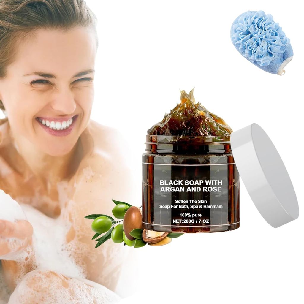 Zawina Morocco Black Beldi Soap, สบู่สีดําพร้อมอาร์แกนและโรส, Zawina Morocco Body Scrub (1 ชิ้น)