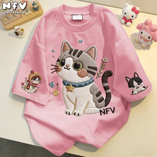 【จัดส่งตลอด 24 ชั่วโมง】NFV ใหม่ล่าสุด แฟชั่นเกาหลี เสื้อยืดเปล่า ลายพิมพ์แมวน่ารัก ผ้าหนายับยากรีดง่าย ผ้าฝ้าย YG4721