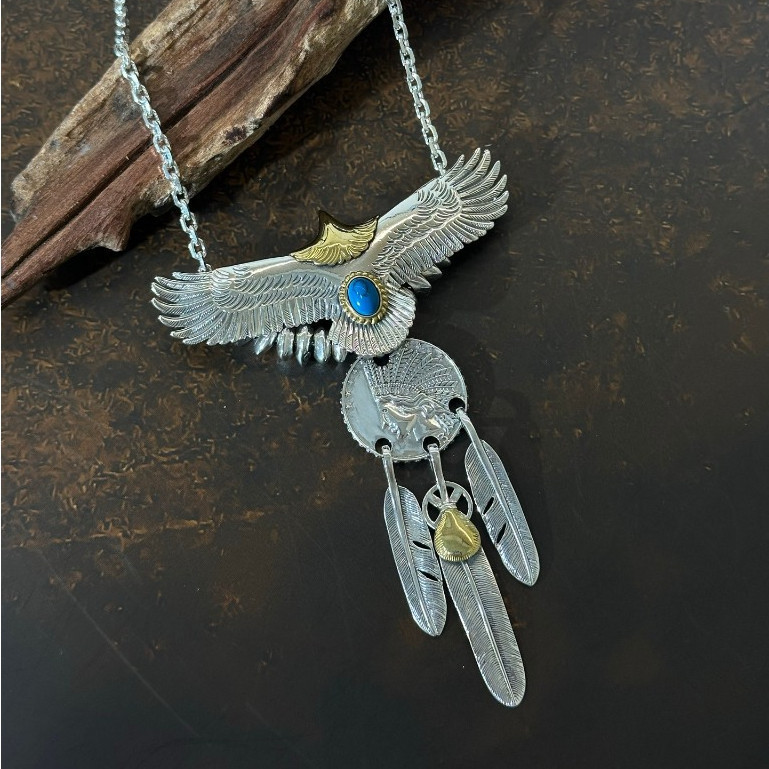 GORO'S s925 Sterling Silver Seiko Eagle Feather Necklace Pendant