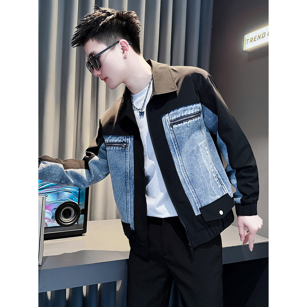 高纯棉牛仔拼级男士春秋季潮流牌 เกย์工装外套2025新款秋装上衣Mens High-end Denim Stitching Jacket ฤดูใบไม้ผลิและฤดูใบไม้ร่วงแฟช