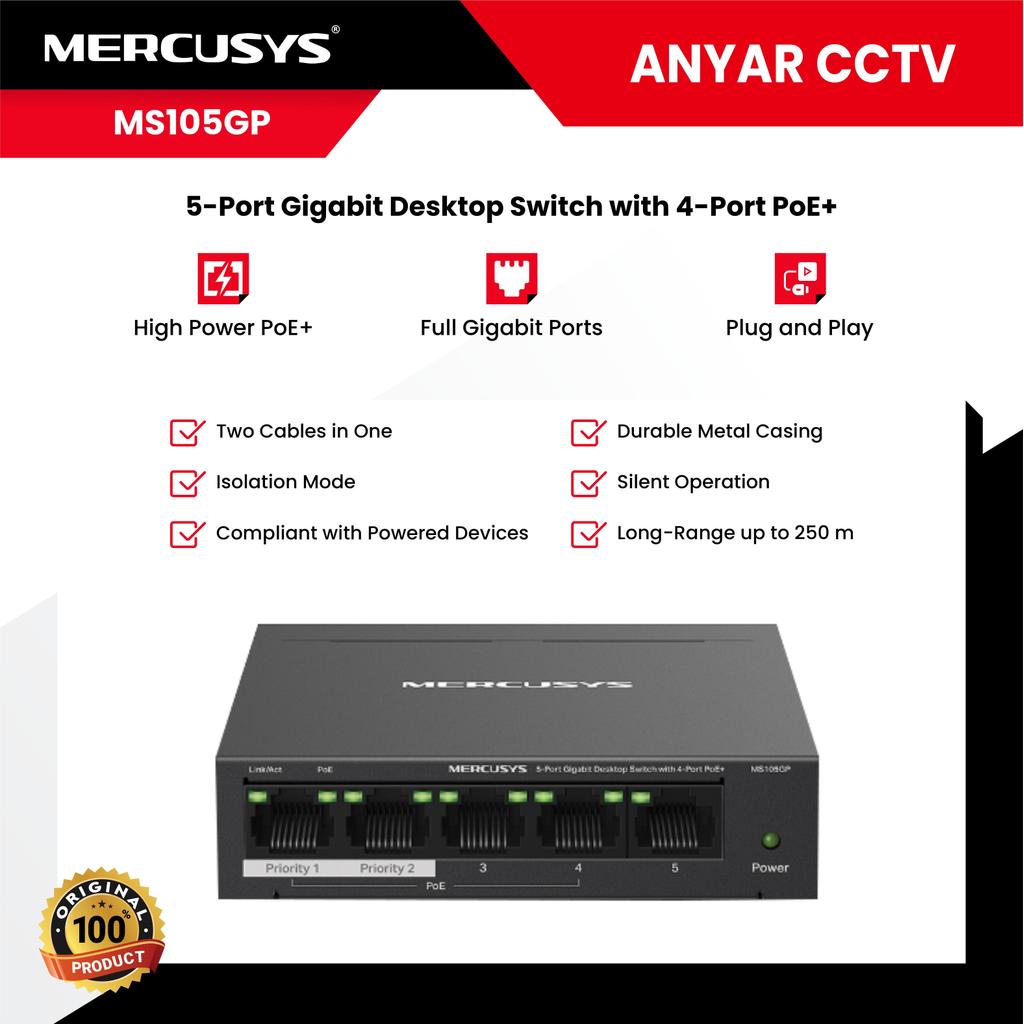 Mercusys MS105GP 5-PORT Gigabit Desktop Switch พร้อม PoE 4-PORT+