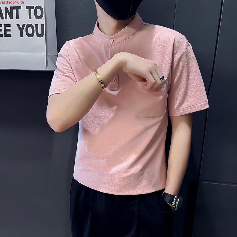 เสื้อเชิ้ตแขนสั้นลําลอง ผ้าฝ้าย และผ้าลินิน คอปกสูง ทรงหลวม สีขาว แบบเรียบง่าย สําหรับผู้ชาย SLC08