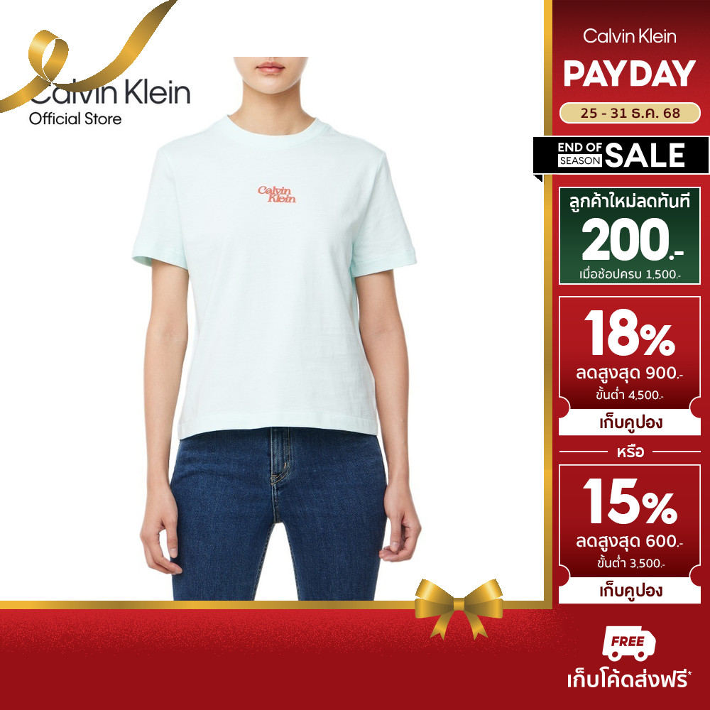 CALVIN KLEIN เสื้อยืดคอกลมแขนสั้นผู้หญิง Flocked Logo ทรง Regular รุ่น 47B851G V