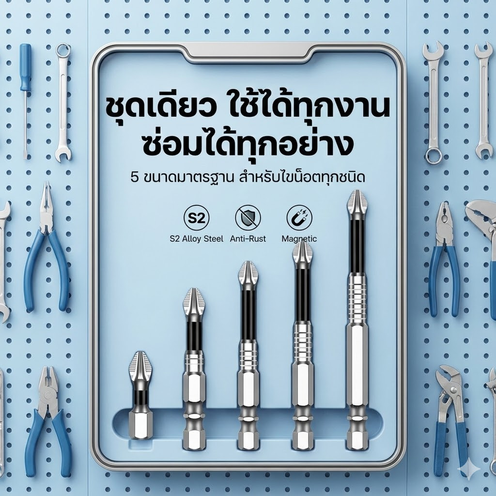 หัวไขควงแฉก PH2 แม่เหล็ก 5 ชิ้น เหล็ก S2 กันสนิม ยาว 25-90mm ขันสกรูไม่รูด ใช้กับสว่านไร้สาย