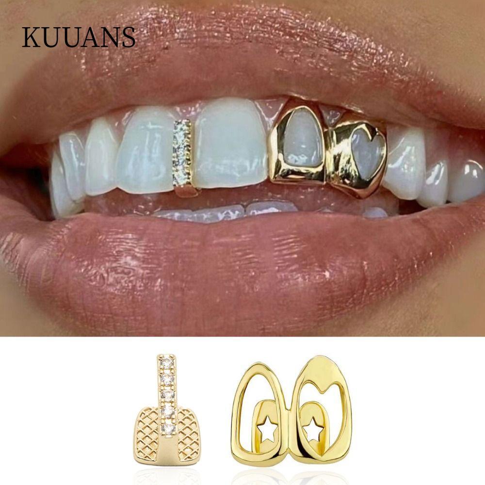 KUUANS Grillz, ทองแดงสีทอง Hip Hop ฟัน Grillz, Hollow Heart Double Heart Shiny ฟันหมวกผู้หญิง