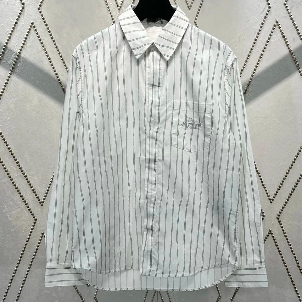 Burberry Dior เสื้อ Street Wear โค้งแนวตั้งรูปแบบโค้ง Hem ปกปุ่มกระเป๋าผู้ชายฤดูใบไม้ร่วงฤดูหนาวสไตล