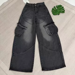 jinjeans #5699 (XS-6XL) กางเกงยีนส์คาร์โก้ ทรงช่างสีดำฟอก Barrel Baggy Jeans พร้อมส่งจากไทย