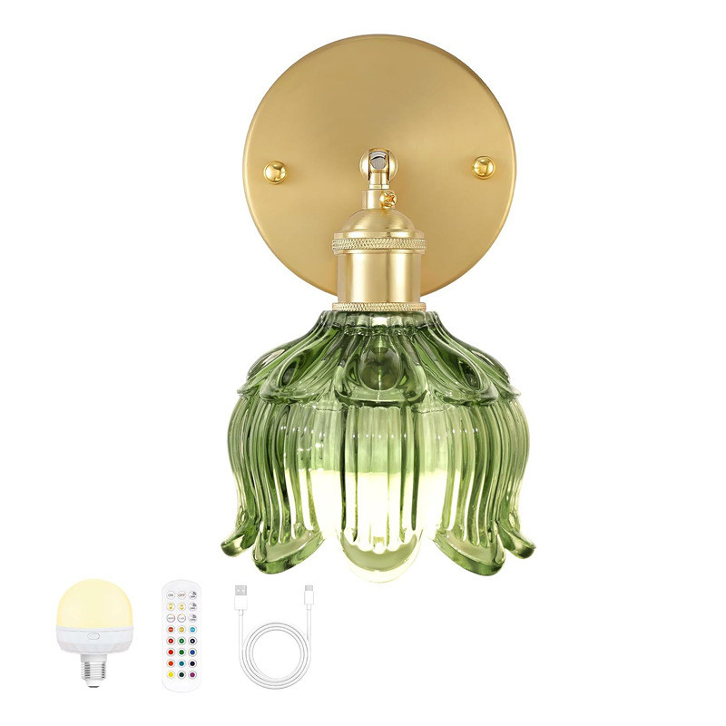Vintage Rechargeable Wall Lamp RGB Colorful light bulb remote control bedside lamp with glass floral