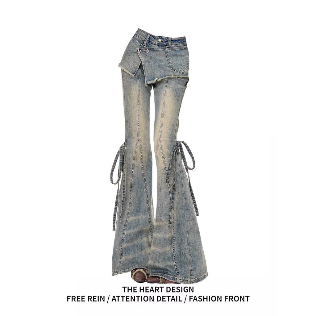 กางเกงยีนส์ผู้หญิง Retro Destruction แบบ lace-up รูปที่ 7
