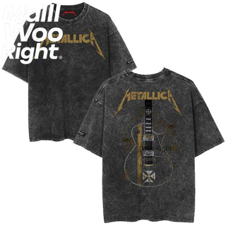 (จัดส่งตลอด 24 ชั่วโมง)Woo Right ชายเสื้อยืดสีดำฟอกขาวรอบคอ "METALLICA คอลเลกชัน" พิมพ์เสื้อหลวมพอดีวินเทจทำเก่าด้านบน