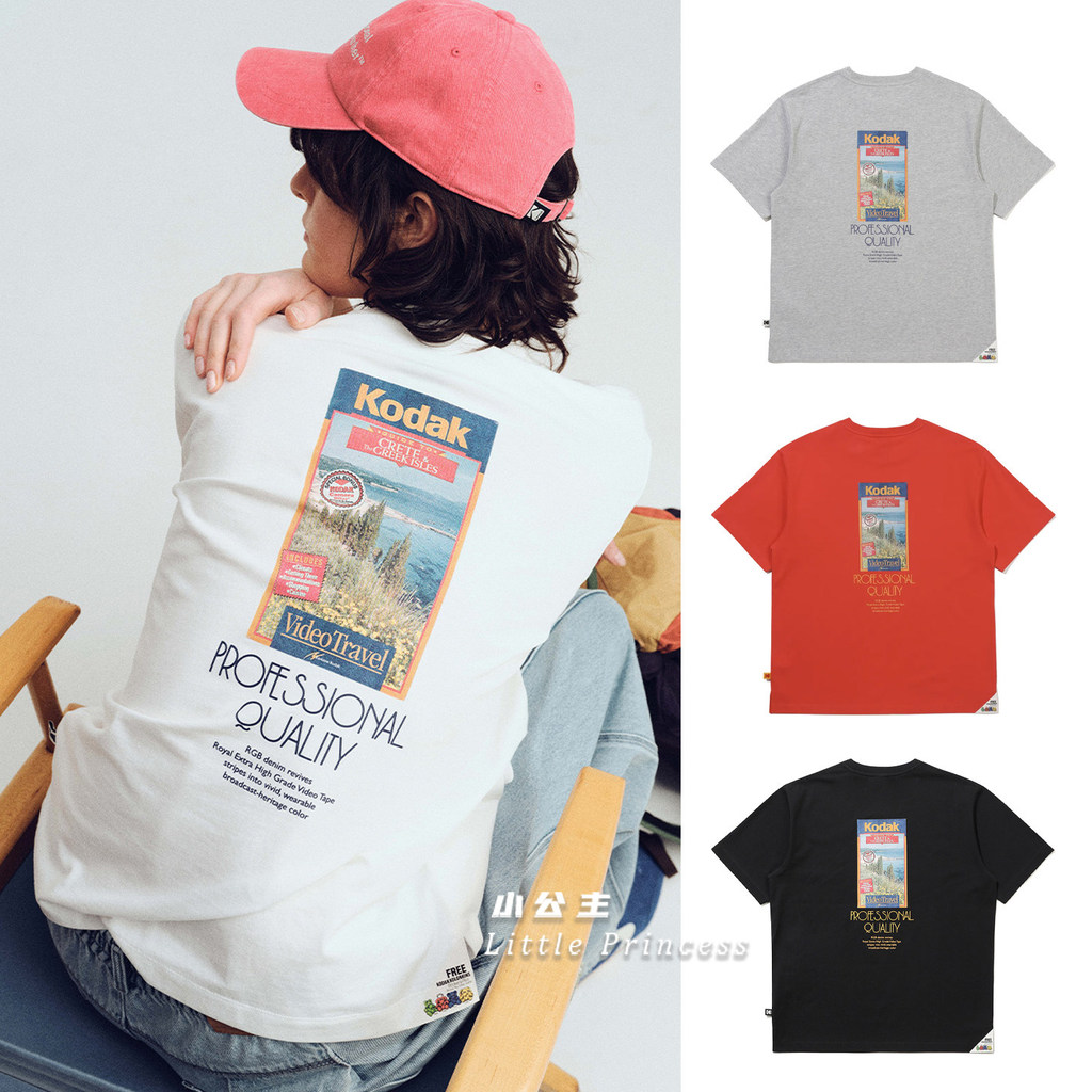 แฟชั่นลําลองคอกลม KODAK Pure Cotton Back Pattern Print All-Match เสื้อยืดแขนสั้น