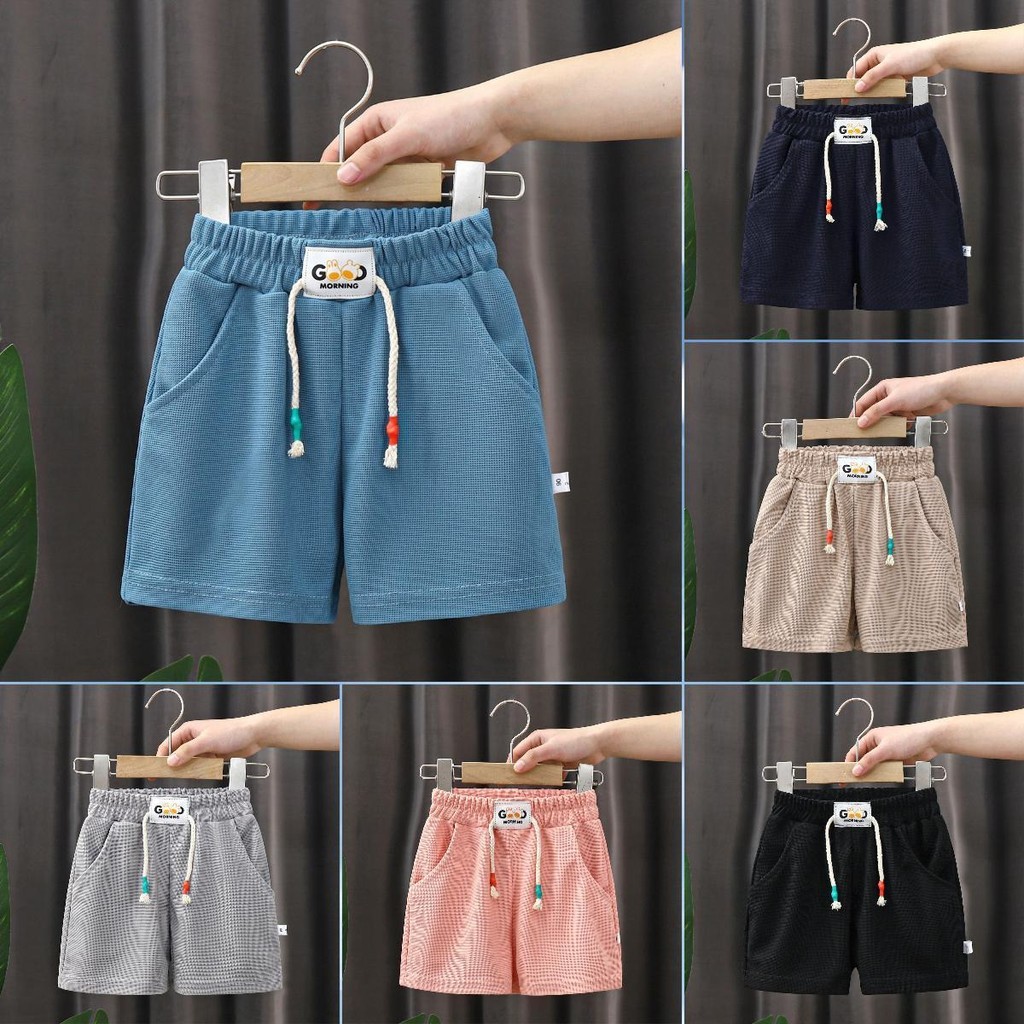 Lกางเกงลาลองเด็ก ขาสั้น สีพื้น มีเชื่อก ใส่เอวยางใหญ่ ระบายอากาศดี ไซส์ 90-140 สำหรับเด็กผู้ชายและผู้หญิง 1-6 ขวบ “DA-T”