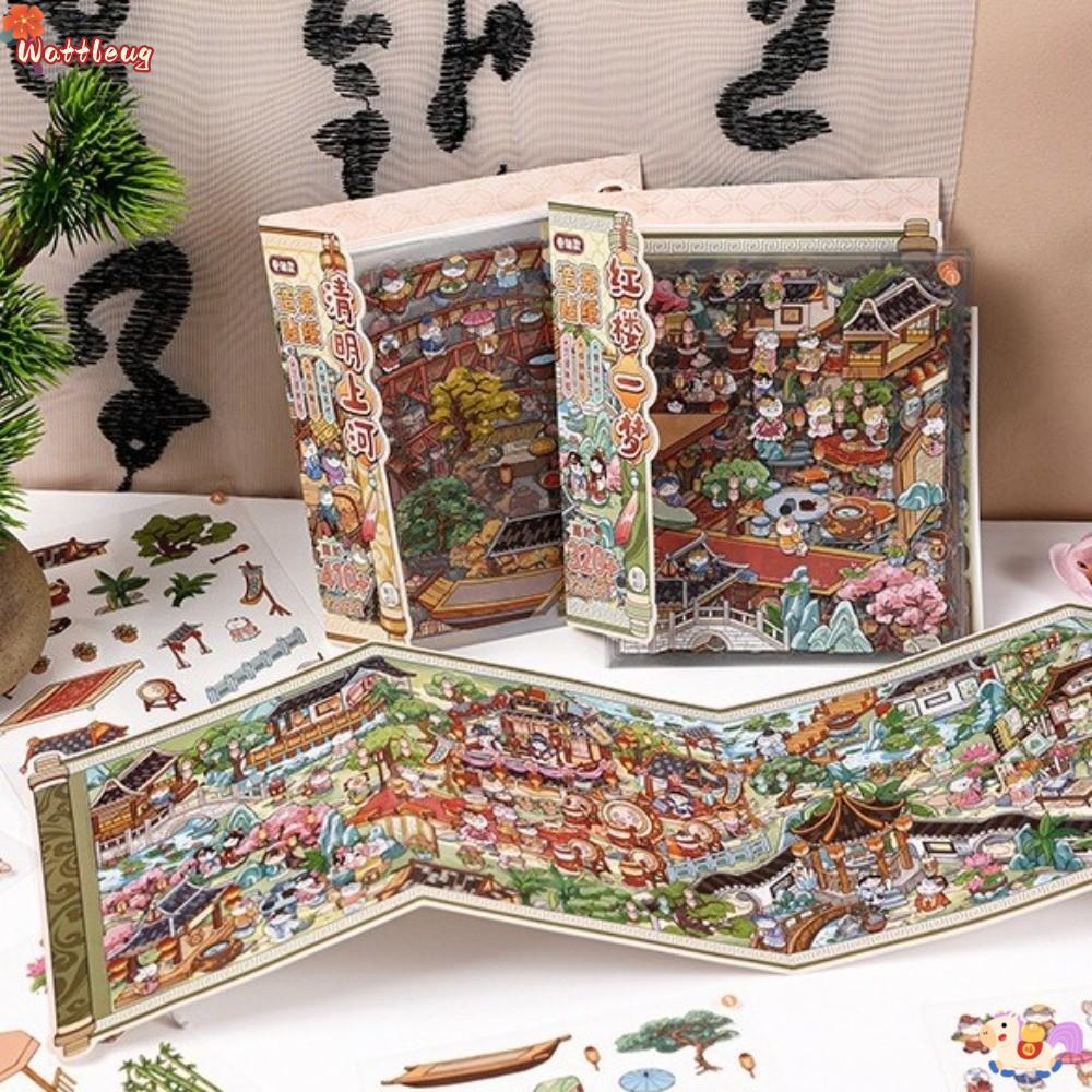 WATTLEUG สติ๊กเกอร์แนวนอน, ทิวทัศน์จีน Handmade Stacking Sticker, Die-cut Cartoon Animals Pocket Sticker Book Children Gifts