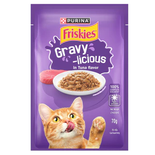 Friskies ฟริสกี้ Gravy-licious 12 ซอง อาหารเปียกแมวในเกรวี่ Complete and balance ซองละ 70 กรัม