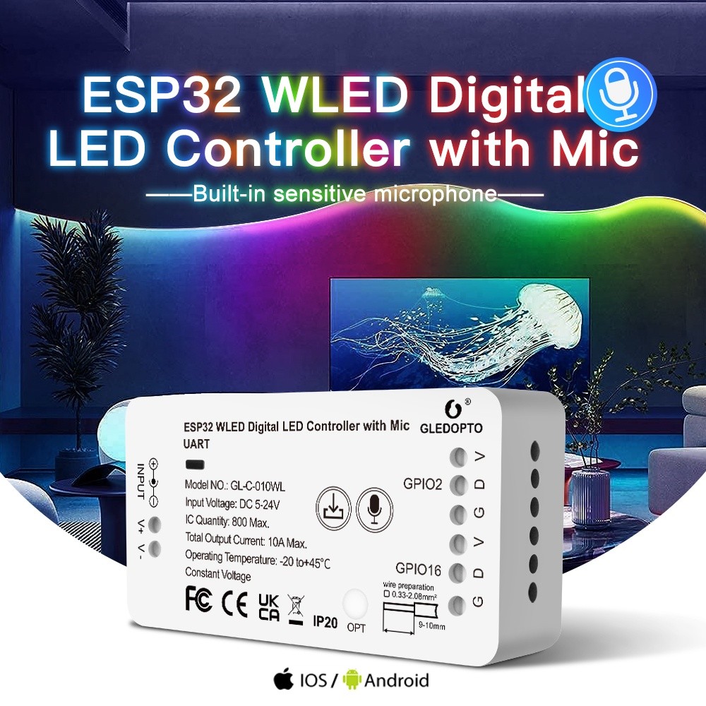 GLEDOPTO ESP32 WLED LED Controller พร้อมไมโครโฟนและUART Dwonload DIY โหมดเพลงสําหรับ WS2811 WS2812 S