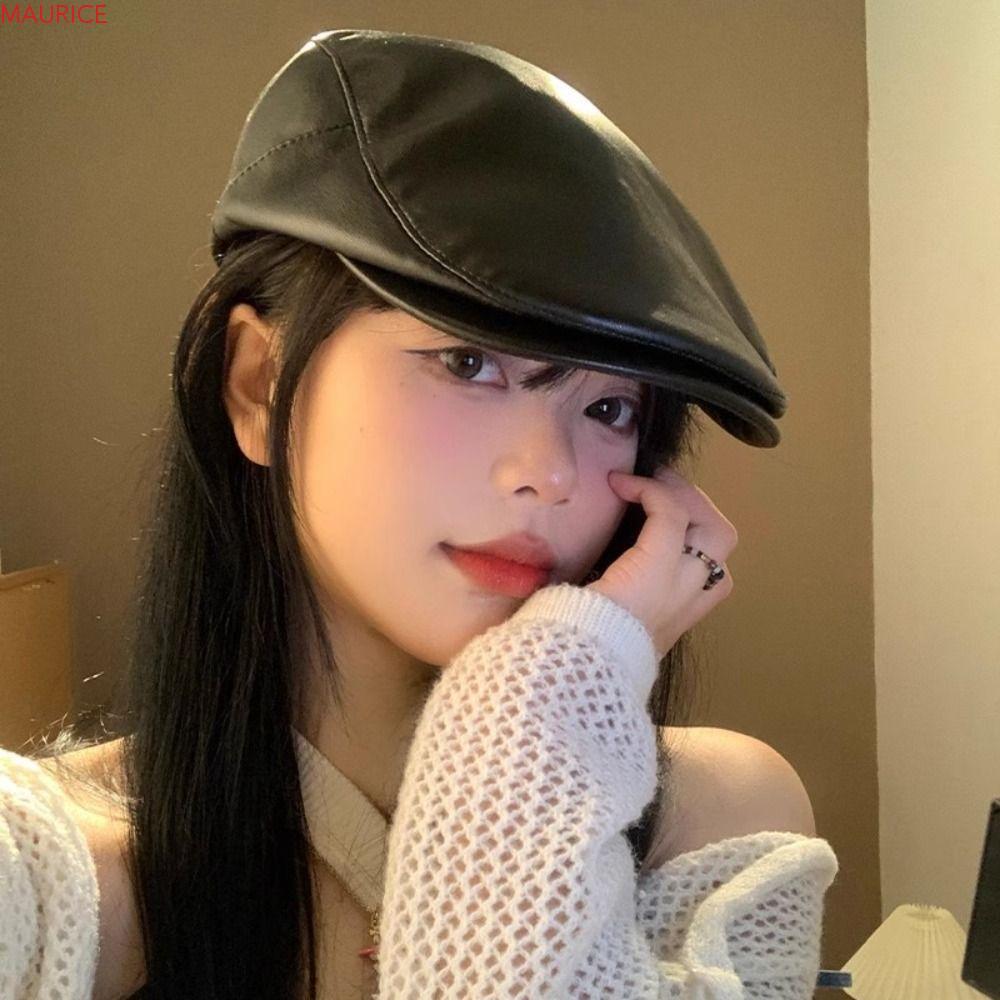 MAURICE Y2K Beret หมวกPUหนัง สไตล์วินเทจและฮาราจูกุ สำหรับลุคสบายๆและโกธิก