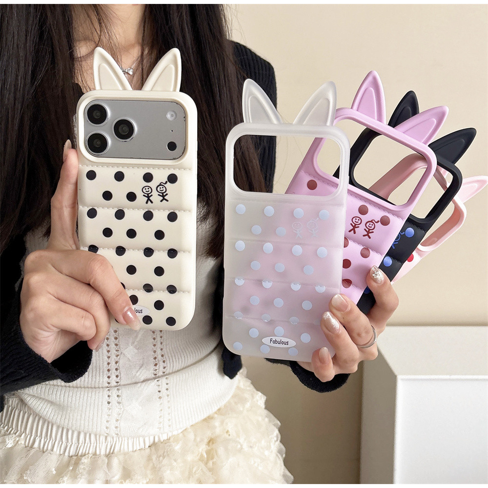 Creative 3D Fox หูลงเสื้อปักเป้าสําหรับ iPhone 17Pro Max 17Pro 16 15 14 15Pro Max น่ารักลายจุดกล้องป้องกันซิลิโคนเกราะป้องกัน