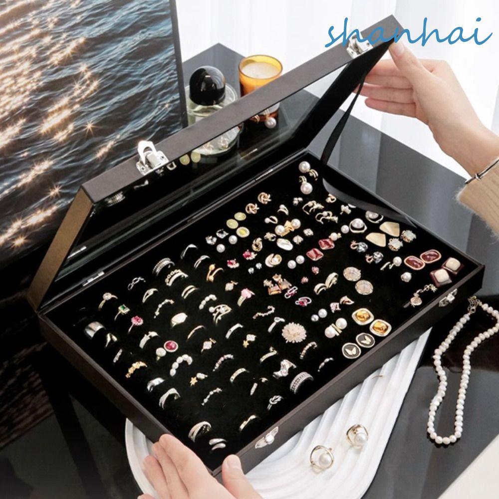 SHANHAI กล่องเครื่องประดับกํามะหยี่, PU หนังไม้ถาดเก็บเครื่องประดับ, หลายข้อมูลจําเพาะคอนเทนเนอร์แหวน Errings กันฝุ่นผู้ถือเครื่องประดับของขวัญ