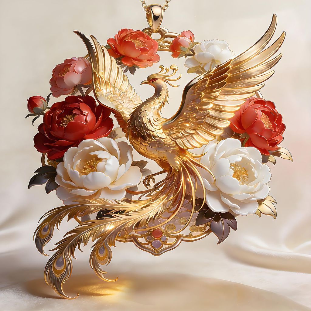 Gilt มงคล Phoenix Cluster Peony จี้สร้างสรรค์ Phoenix Peony หรูหราหญิงสร้อยคอจี้สไตล์จีน Handmade จี
