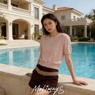 MALIMAY Macaron knit top Short Sleeve Cardigan การ์ดิแกนสั้นแขนตุ๊กต ผ้าถักนุ่ม 3สี ดีไซน์ปุ่มหน้า สไตล์วินเทจสบายๆ Q8