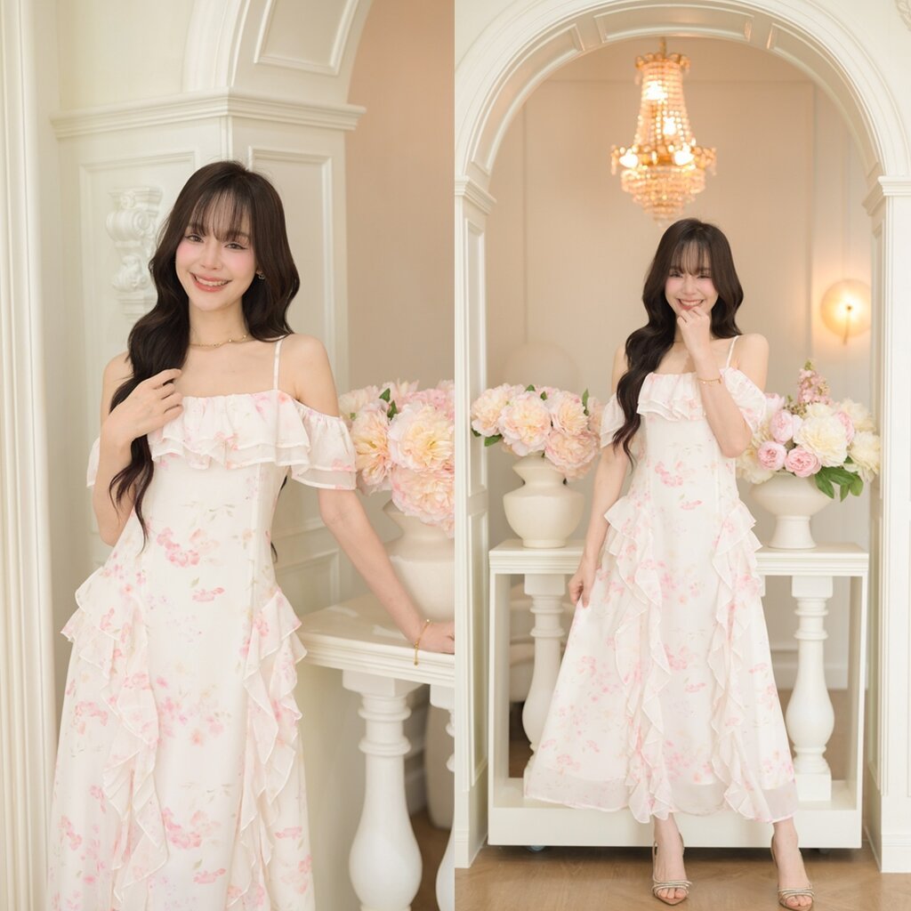 Fairy Tale Layered Maxi Dress : สีครีมอ่อน [Made by Pastel Time]