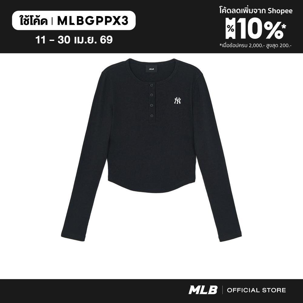 MLB เสื้อยืดแขนยาว ยูนิเซ็กซ์ Women'S Vintage Slim Ribbed Henley Neck Long Sleeve T-Shirts รุ่น 3FTSB0861 50BKS สีดำ