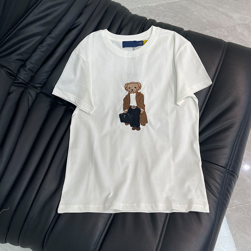 IY9J R-L New Summer Women's Short-Sleeve Embroidered Cartoon Crew Neck Sweater T Bear Embroidered T-