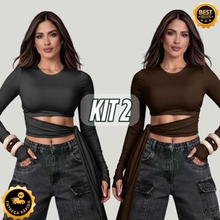 Kit 2 ou 1 Unidade Blusa Cropped com Amarração Manga Longa – Suplex Premium Slim Festa Moda Gringa