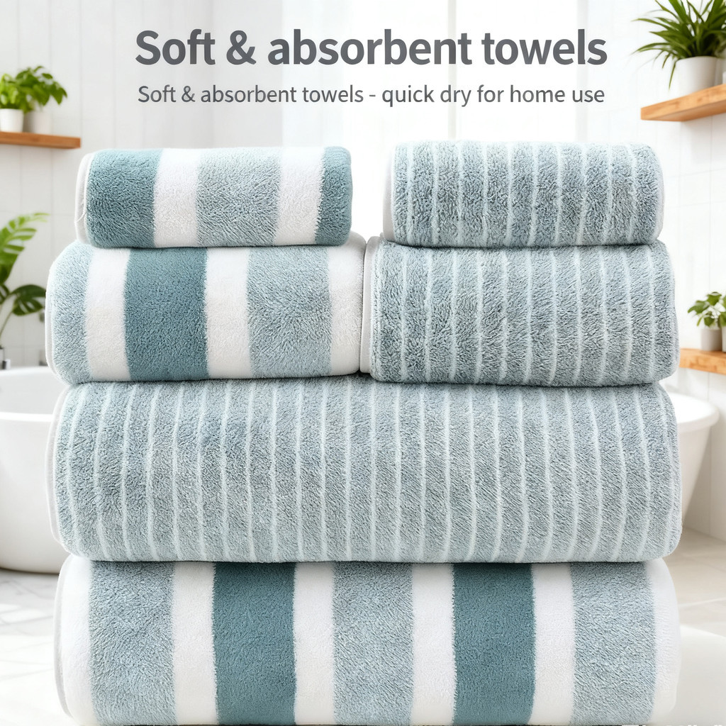 6 Pcs Striped Quick-Dry Absorbent Towel Set - 2 Bath Towels 2 Face Towels 2 Washcloths, Bathroom Lin