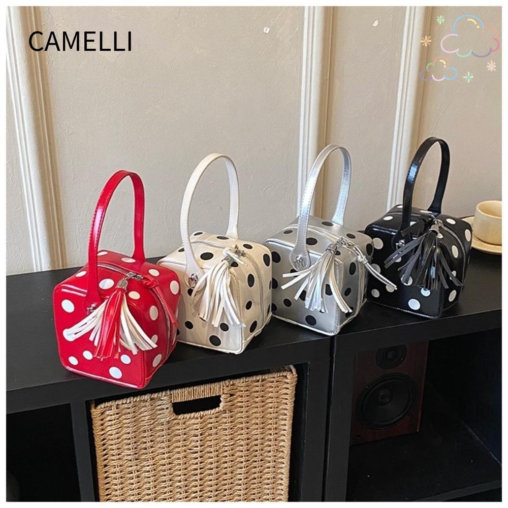 CAMELLI กระเป๋าถือลายจุดผู้หญิง,กระเป๋าคลัทช์ปิดซิปหรูหรา,กระเป๋าสะพายทรงกล่องวิเศษหนังนิ่มอินเทรนด์