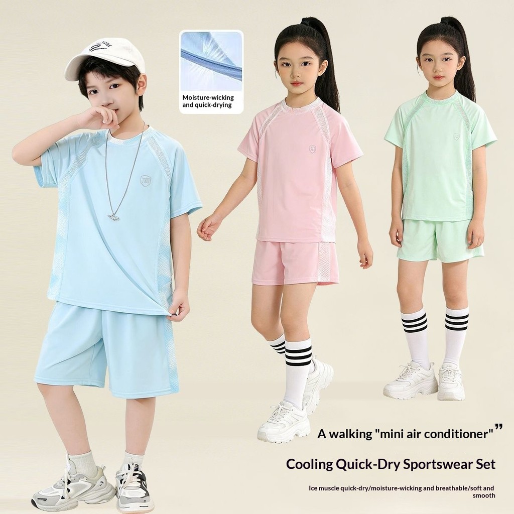 เด็ก Ice-Feel ชุดกีฬาเด็ก Quick-Dry เสื้อยืดแขนสั้นและกางเกงขาสั้นชุดสองชิ้นหญิง Breathable กีฬาแบดมินตันเทนนิส Jersey ชุด