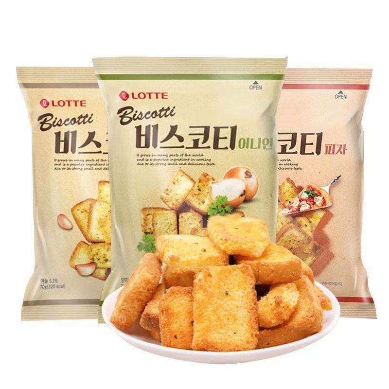 Pdd// เกาหลีนําเข้า LOTTE กระเทียมพิซซ่ารส Toast Flakes กรอบ Scallion รสขนมปังแห้งของขบเคี้ยว 70g4.1