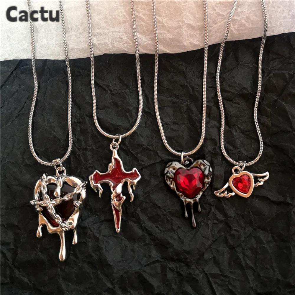 Cactus Gothic Aesthetic Metal Red Love Heart Cross Necklace