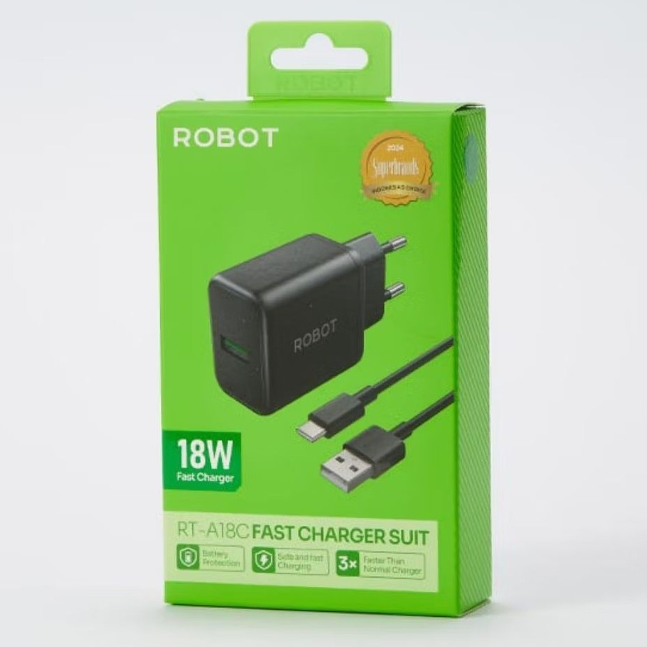 Robot RT-A18C Charger TYPE-C 18W Fast Charging USB-A อะแดปเตอร์ + สายเคเบิลข้อมูล USB-A To C ดั้งเดิ