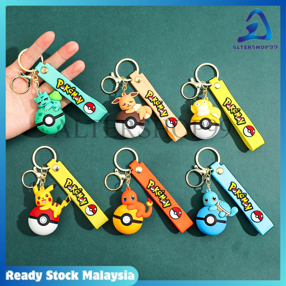Pokémon Pokeball พวงกุญแจน่ารัก 3D ตัวอักษรพวงกุญแจพร้อมสายคล้อง Pikachu Eevee Psyduck