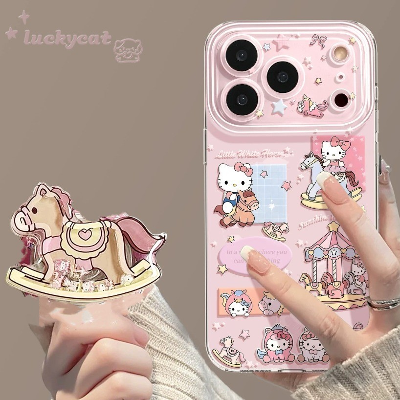 น่ารักสีชมพู KT Cat Horse เคสโทรศัพท์ + ขาตั้งสําหรับ iPhone 17 16 15 14 13 12 11 Pro Max X Xr Xs Max 7 8 Plus SE2020