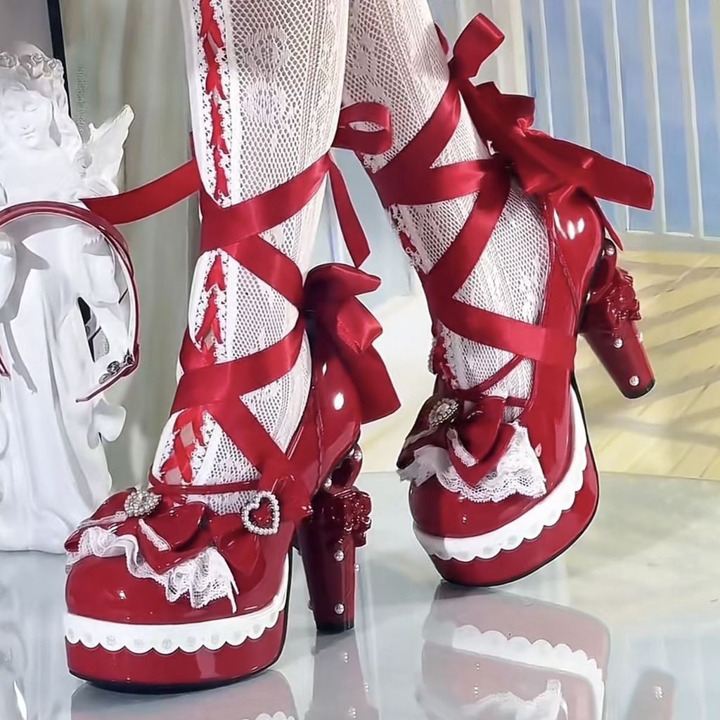 Super รองเท้าส้นสูง 41-42 ทาร์ตไข่หัวใจ Original Lolita ขนาดใหญ่ Lolita รอบ Toe 11 ซม.รองเท้า Mary J