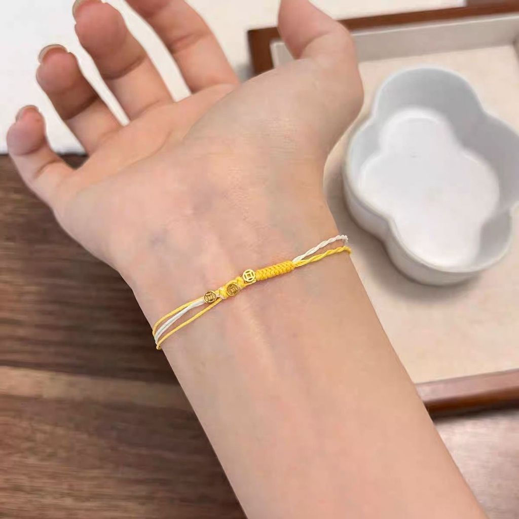 New Product#「sunset dusk」Yellow and White Color-Block Coin Braided Rope Bracelet Lucky Copper Coin S