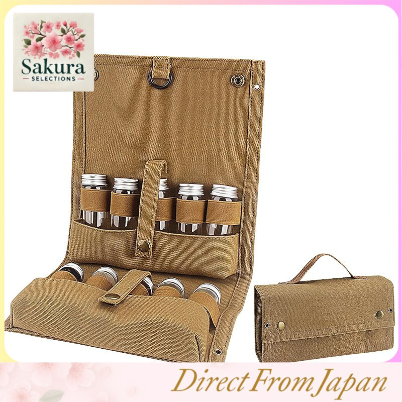 Httdog Outdoor Camping Spice Box Set with 10 Glass Spice Bottles and Canvas Carry Case for BBQ and S