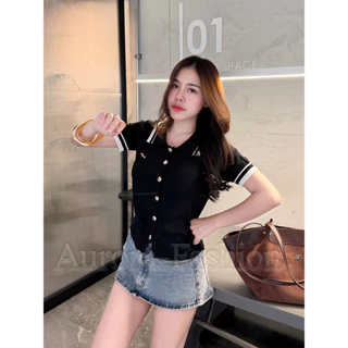 Aurora🛒พร้อมส่ง🚚 (รูปถ่ายจากงานจริง) เสื้อครอปแขนสั้น คอปกสีพื้น ใส่สบายยืดพอดีน่ารัก