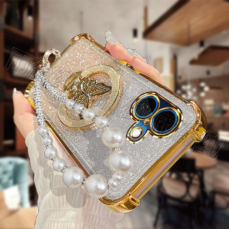 วงเล็บผีเสื้อ Pearl Chain สําหรับ Samsung A17 A07 A16 A73 A36 A56 A51 A52 A53 A54 A55 เคสโทรศัพท์ So